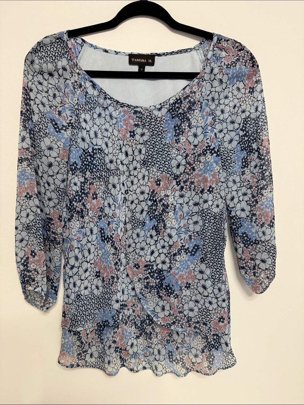 Tamara H. Blue & Pink Floral Scoop Neck Blouse